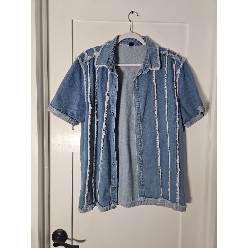 SHEIN Fringed Raw Edge Denim Button Down Shirt Mens Size L Light Wash